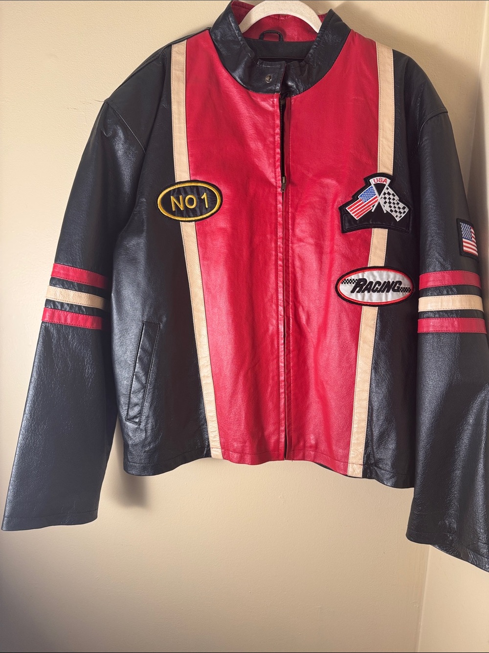 Racing Patch Leather Jacket - Red & Black